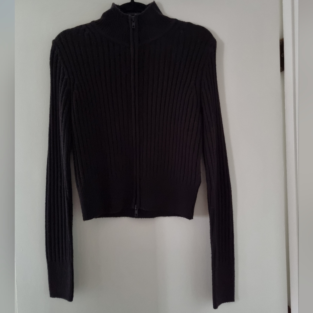 Black Ribbed Full Zip Knit Cardigan
